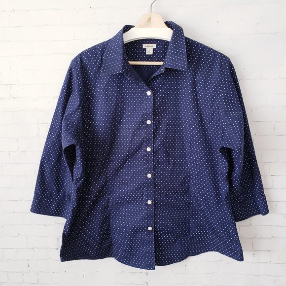 L.L. Bean Tops - L.L. Bean Womens Top Size XL Navy Blue Print 3/4 Sleeves Button Up Wrinkle Free